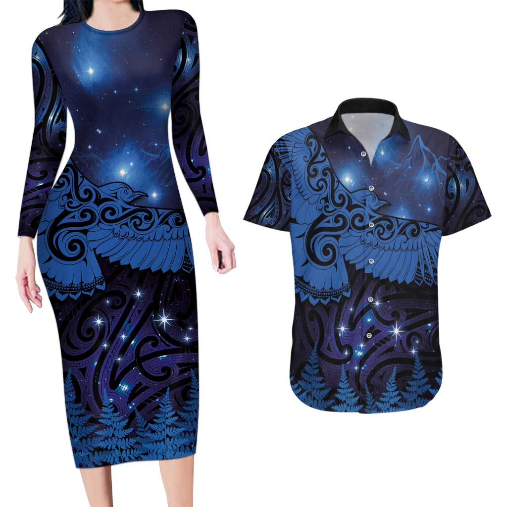 New Zealand Kea Bird Couples Matching Long Sleeve Bodycon Dress and Hawaiian Shirt Maori Tattoo and Silver Fern Matariki Style