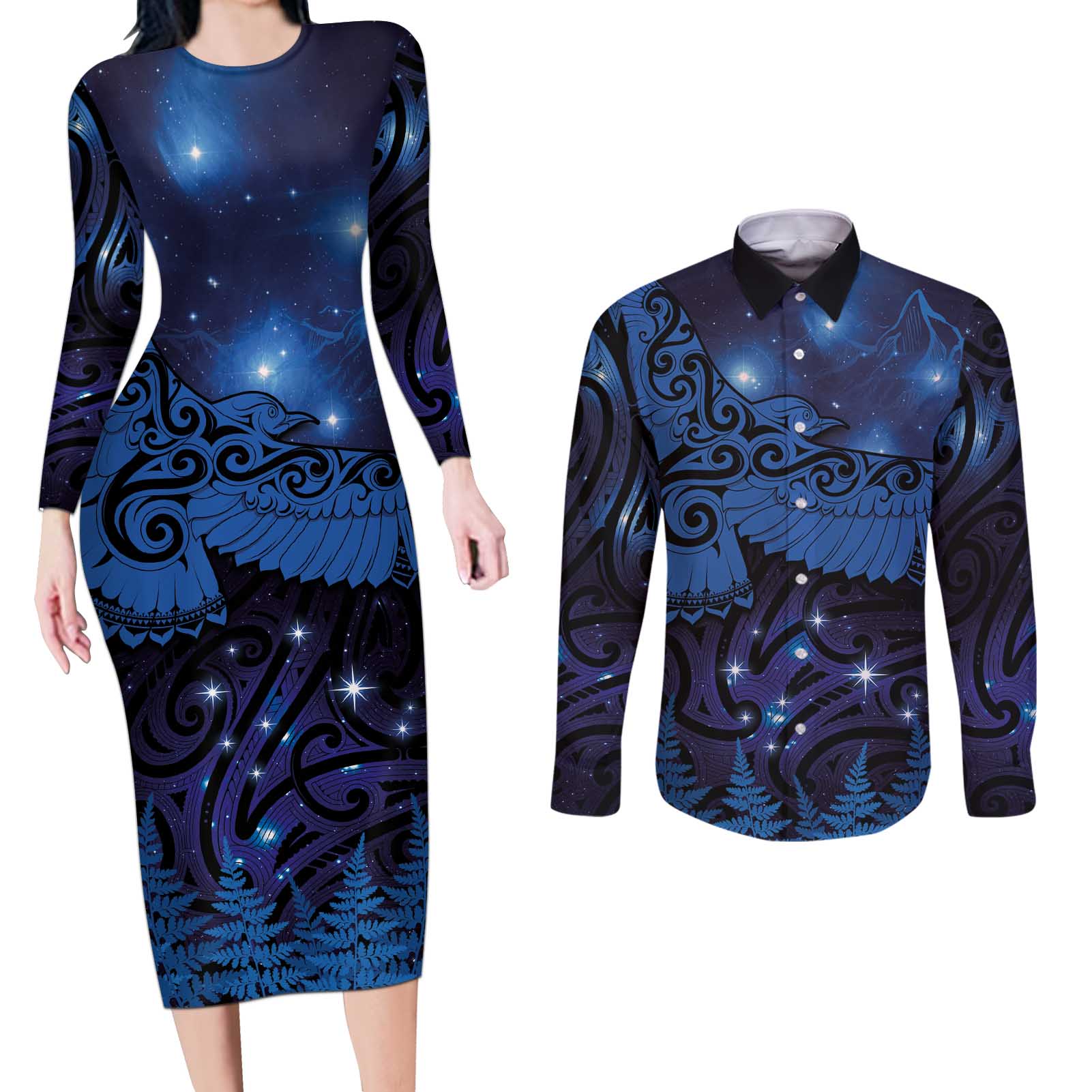 New Zealand Kea Bird Couples Matching Long Sleeve Bodycon Dress and Long Sleeve Button Shirt Maori Tattoo and Silver Fern Matariki Style