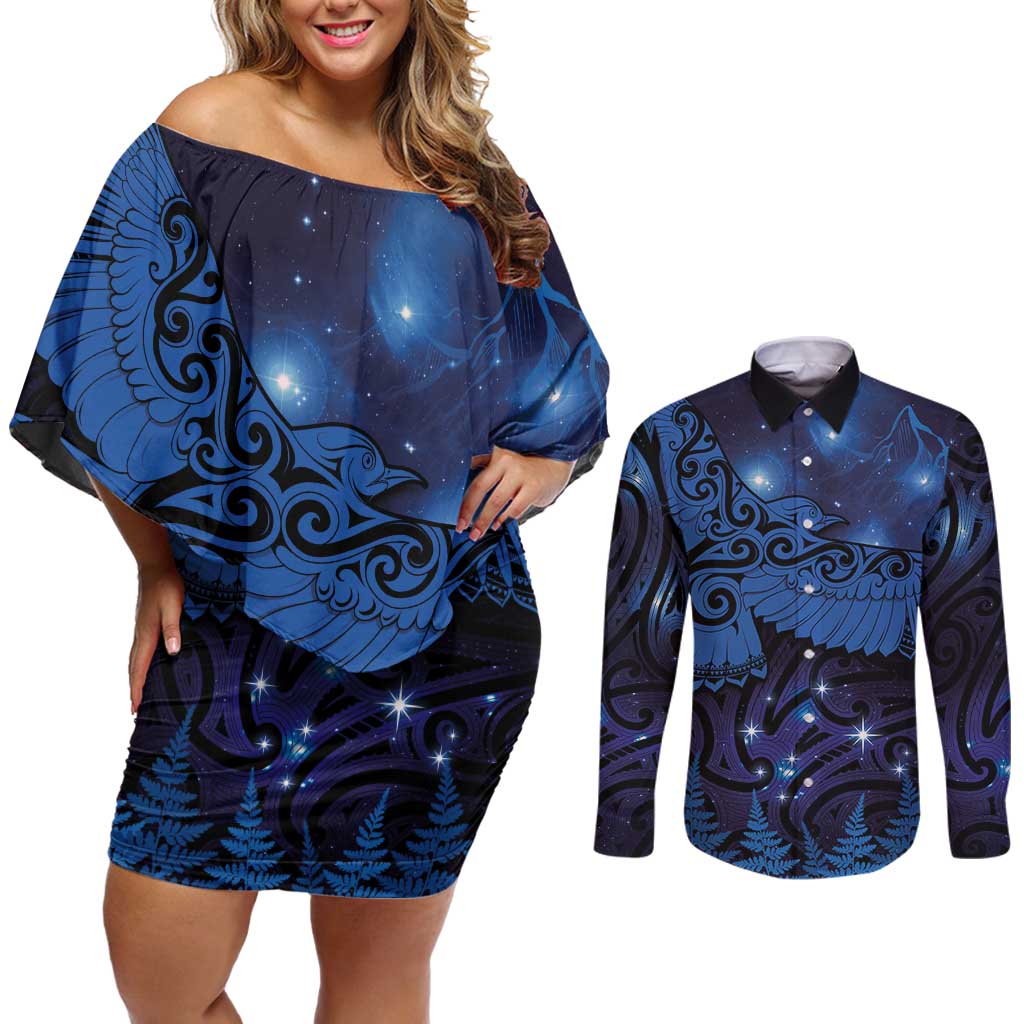 New Zealand Kea Bird Couples Matching Off Shoulder Short Dress and Long Sleeve Button Shirt Maori Tattoo and Silver Fern Matariki Style