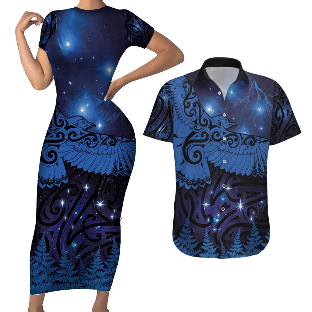 New Zealand Kea Bird Couples Matching Short Sleeve Bodycon Dress and Hawaiian Shirt Maori Tattoo and Silver Fern Matariki Style