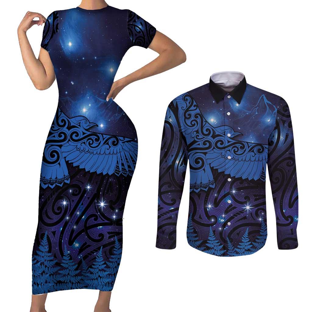 New Zealand Kea Bird Couples Matching Short Sleeve Bodycon Dress and Long Sleeve Button Shirt Maori Tattoo and Silver Fern Matariki Style