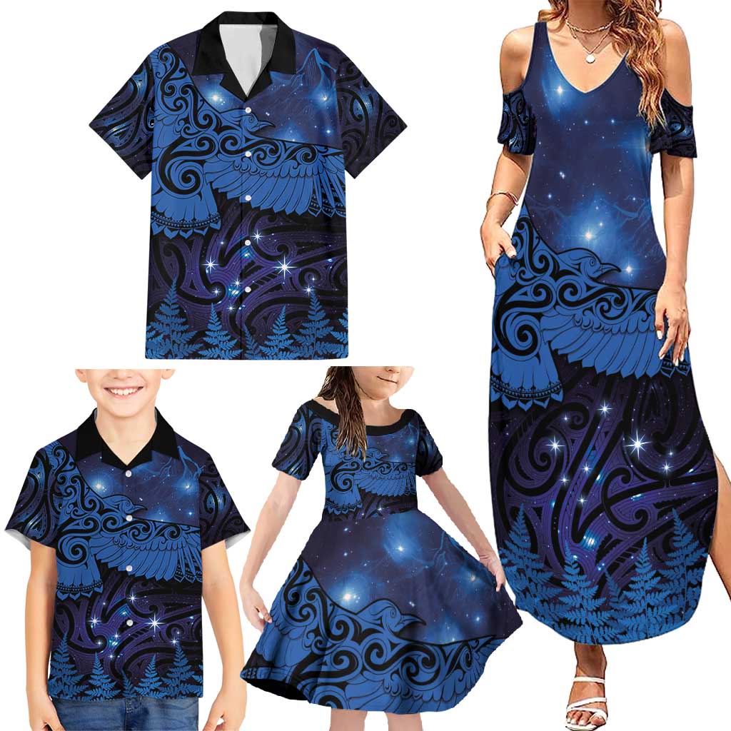 New Zealand Kea Bird Family Matching Summer Maxi Dress and Hawaiian Shirt Maori Tattoo and Silver Fern Matariki Style