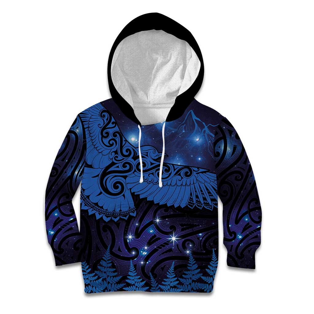 New Zealand Kea Bird Kid Hoodie Maori Tattoo and Silver Fern Matariki Style