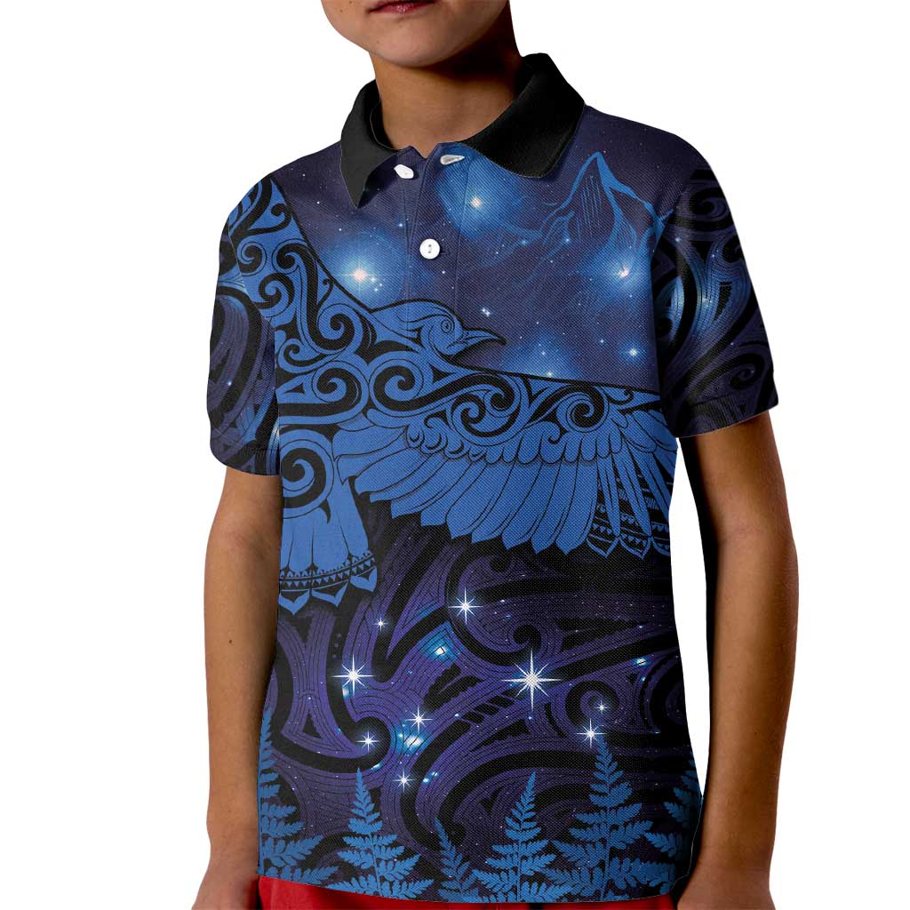 New Zealand Kea Bird Kid Polo Shirt Maori Tattoo and Silver Fern Matariki Style