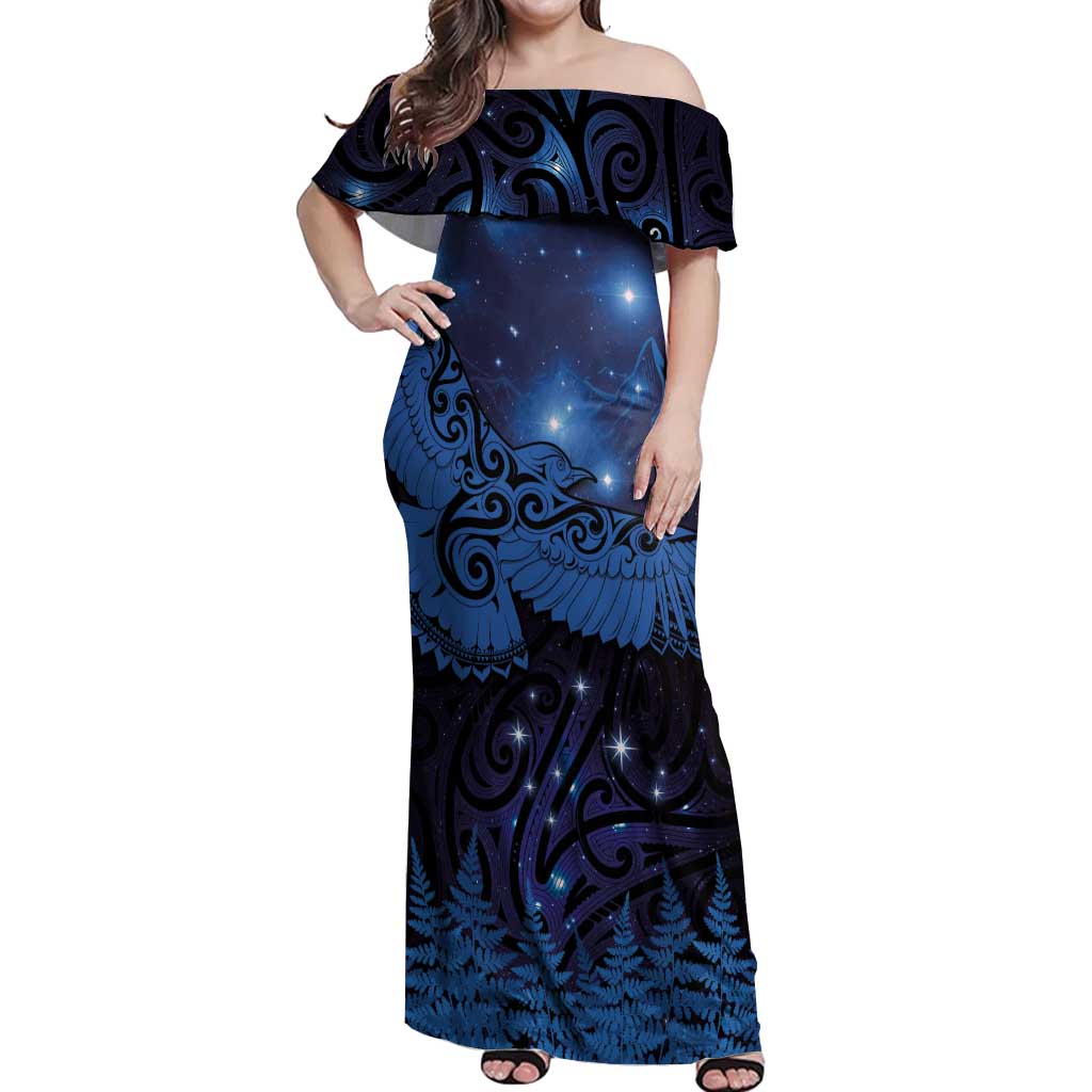 New Zealand Kea Bird Off Shoulder Maxi Dress Maori Tattoo and Silver Fern Matariki Style