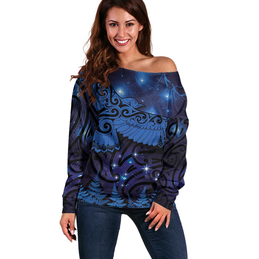 New Zealand Kea Bird Off Shoulder Sweater Maori Tattoo and Silver Fern Matariki Style LT03 Women Blue - Polynesian Pride
