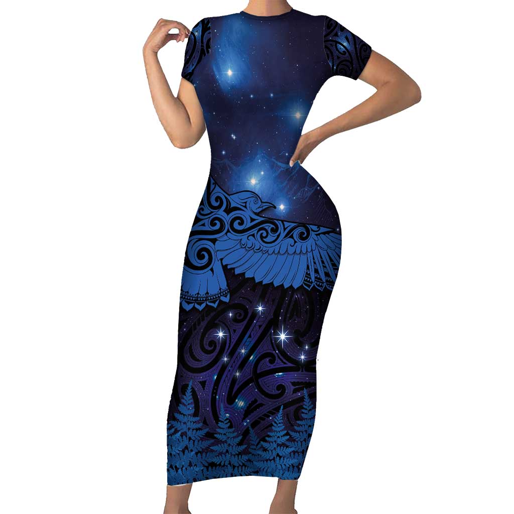 New Zealand Kea Bird Short Sleeve Bodycon Dress Maori Tattoo and Silver Fern Matariki Style