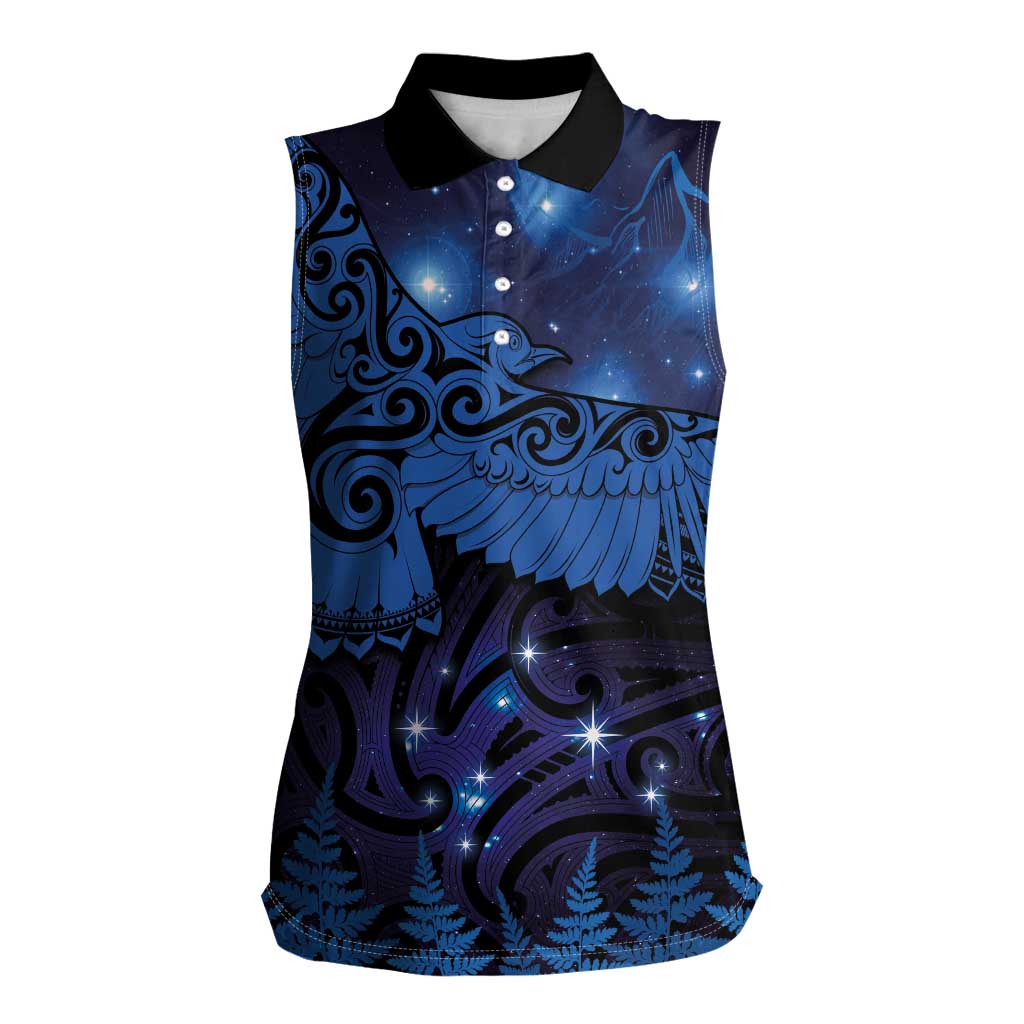 New Zealand Kea Bird Women Sleeveless Polo Shirt Maori Tattoo and Silver Fern Matariki Style