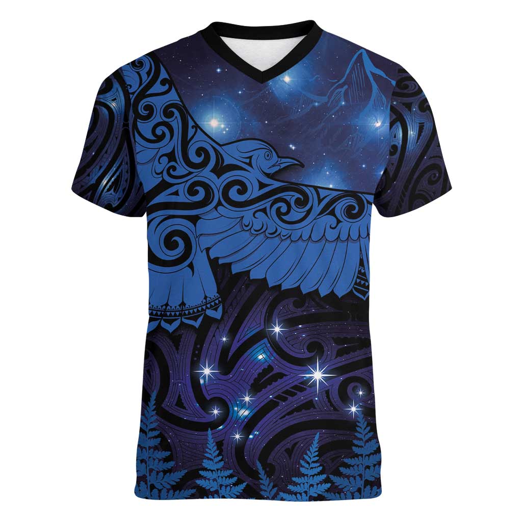 New Zealand Kea Bird Women V-Neck T-Shirt Maori Tattoo and Silver Fern Matariki Style