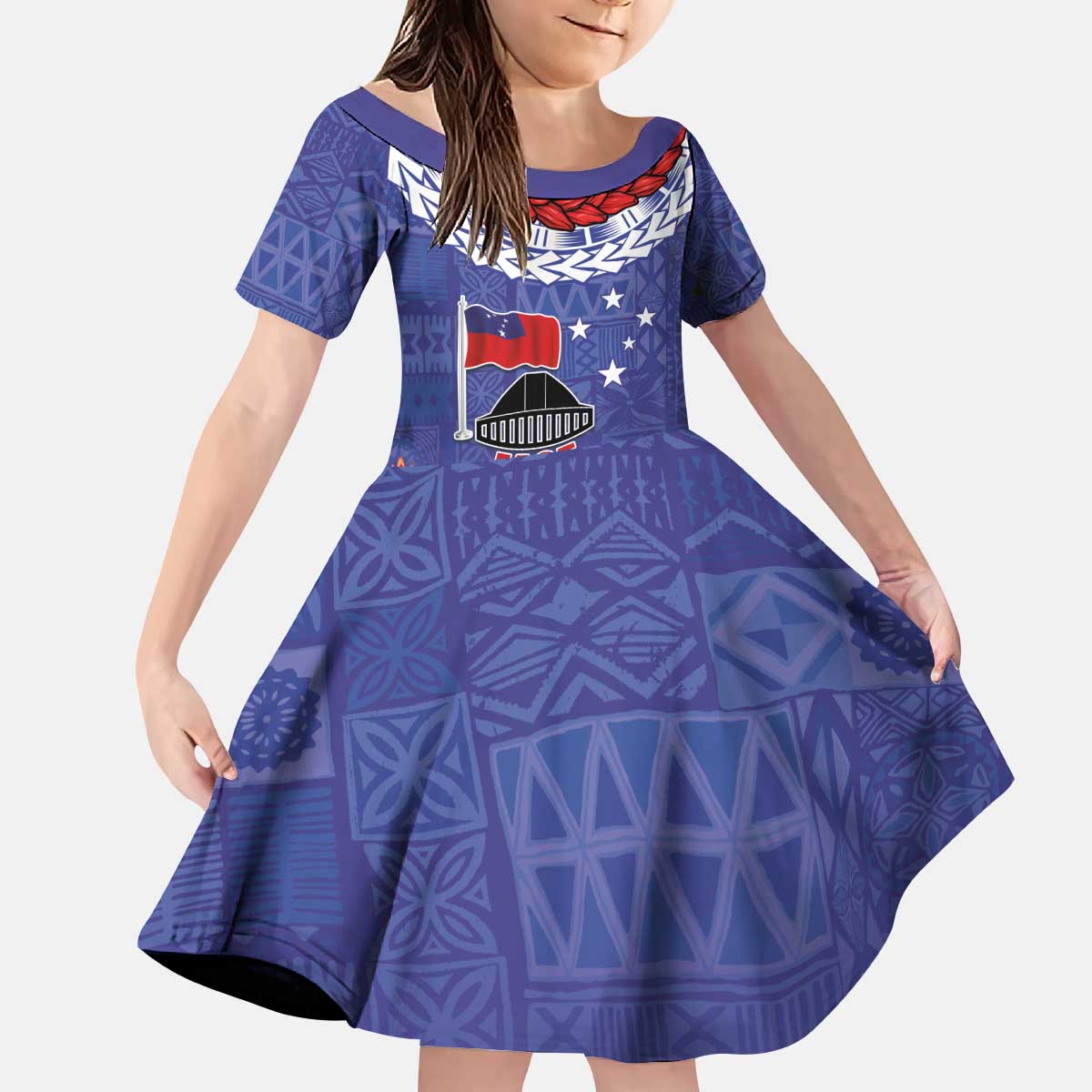 FAST Party Samoa Kid Short Sleeve Dress Ula Fala Teuila Polynesian Tapa Pattern