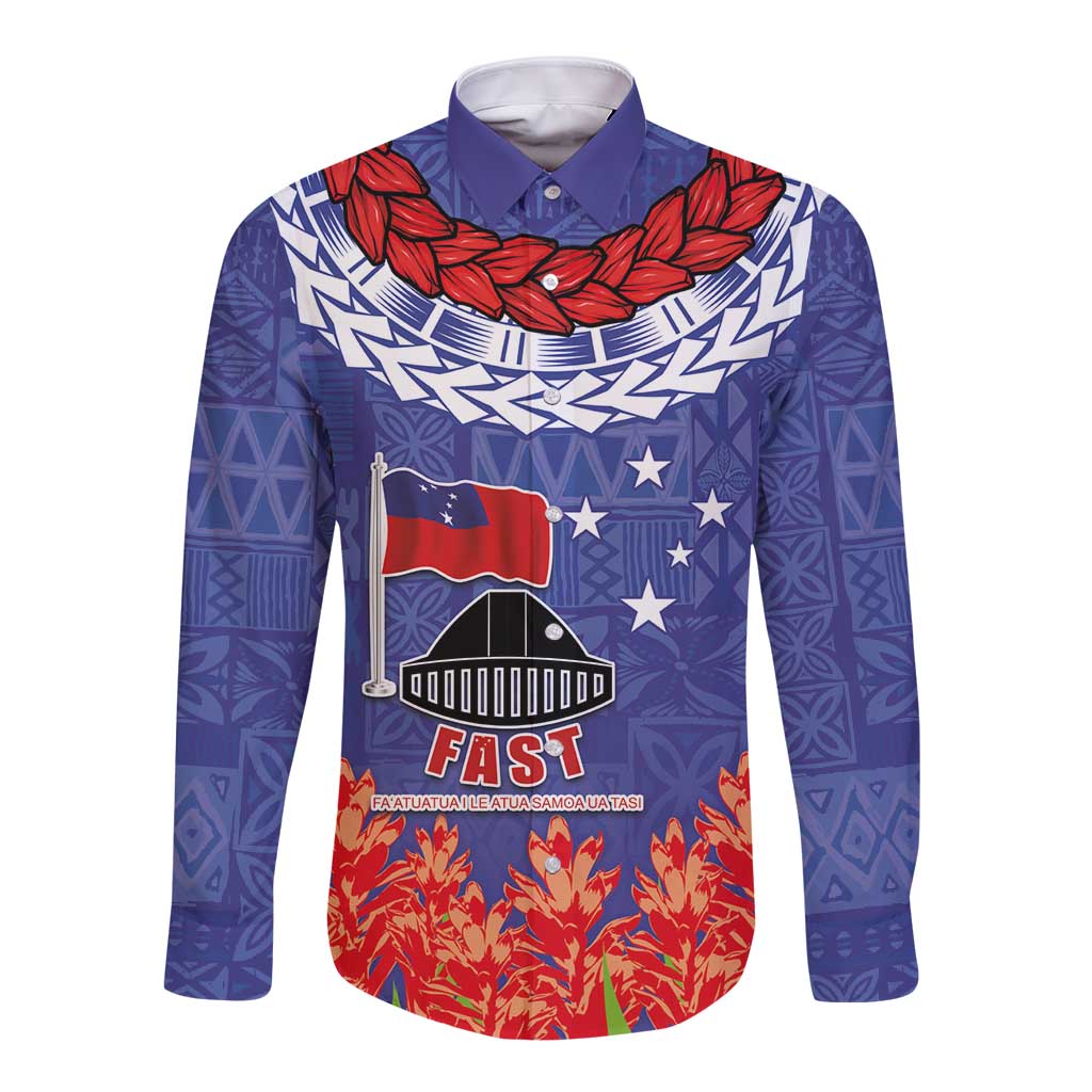 FAST Party Samoa Long Sleeve Button Shirt Ula Fala Teuila Polynesian Tapa Pattern LT03 Unisex Blue - Polynesian Pride