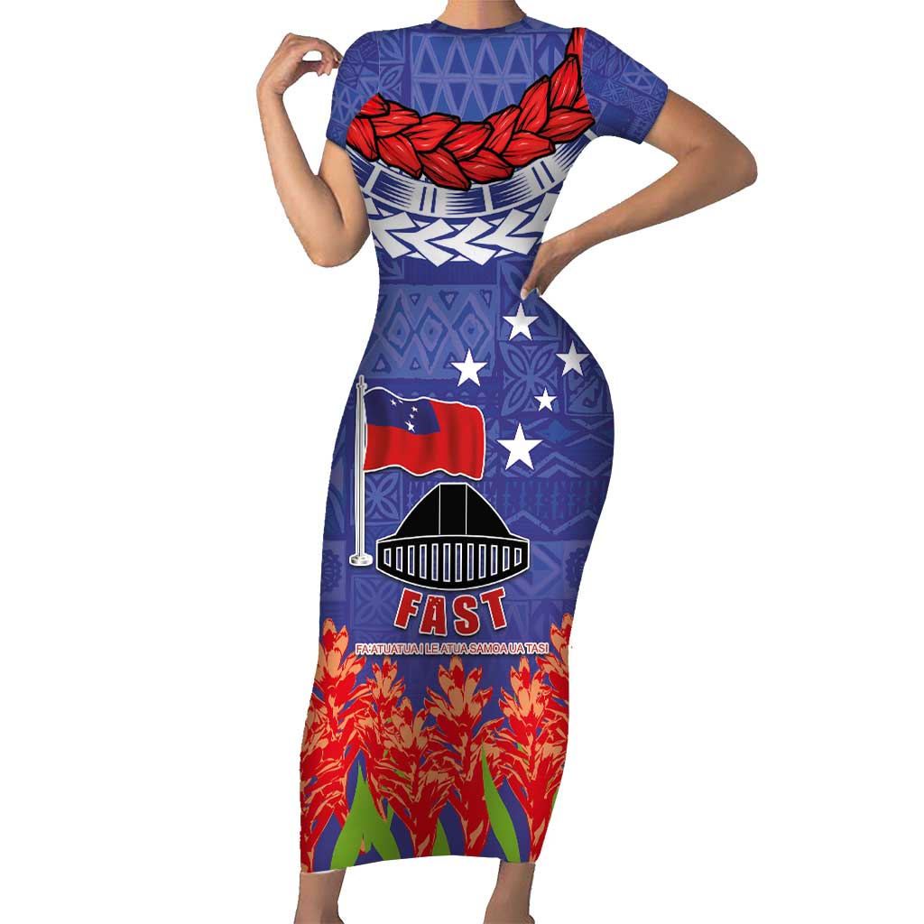 FAST Party Samoa Short Sleeve Bodycon Dress Ula Fala Teuila Polynesian Tapa Pattern LT03 Long Dress Blue - Polynesian Pride