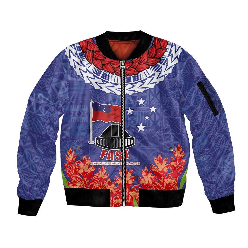 FAST Party Samoa Sleeve Zip Bomber Jacket Ula Fala Teuila Polynesian Tapa Pattern LT03 Unisex Blue - Polynesian Pride