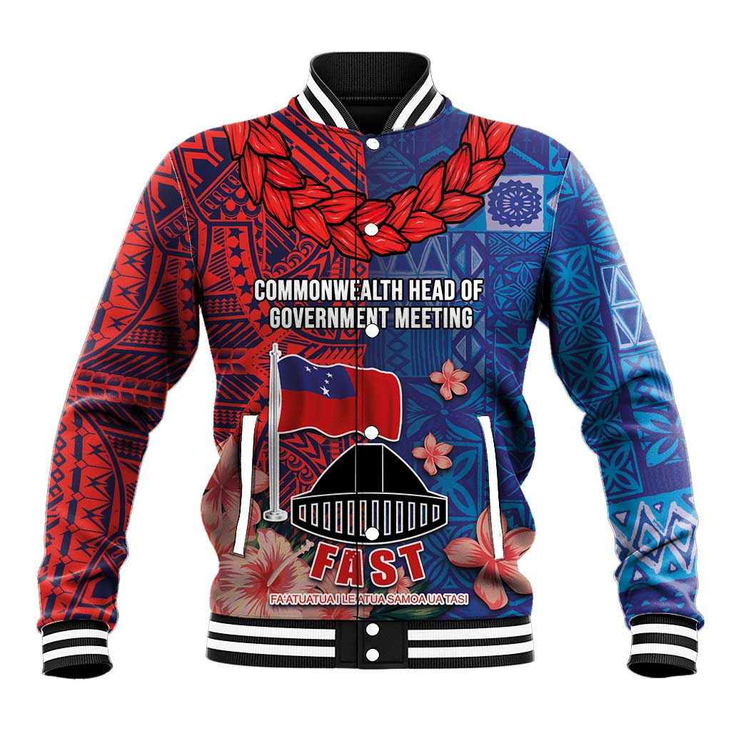 CHOGM FAST Samoa 2024 Baseball Jacket Samoan Tapa Tribal and Ornament Pattern with Hibiscus LT03 Unisex Blue - Polynesian Pride