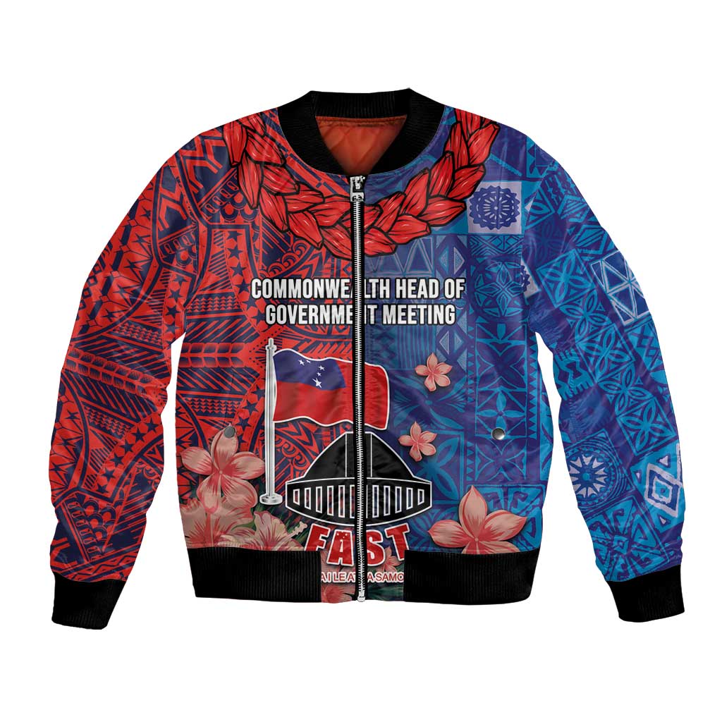 CHOGM FAST Samoa 2024 Bomber Jacket Samoan Tapa Tribal and Ornament Pattern with Hibiscus LT03 Unisex Blue - Polynesian Pride