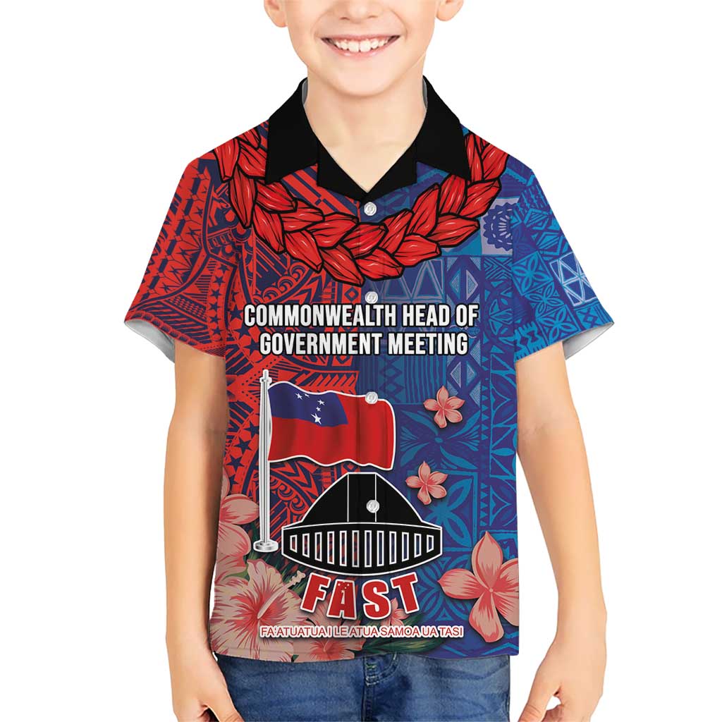 CHOGM FAST Samoa 2024 Kid Hawaiian Shirt Samoan Tapa Tribal and Ornament Pattern with Hibiscus LT03 Kid Blue - Polynesian Pride