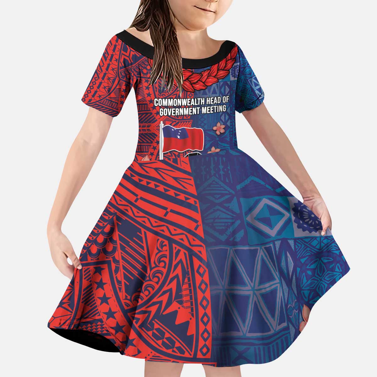 CHOGM FAST Samoa 2024 Kid Short Sleeve Dress Samoan Tapa Tribal and Ornament Pattern with Hibiscus LT03 KID Blue - Polynesian Pride