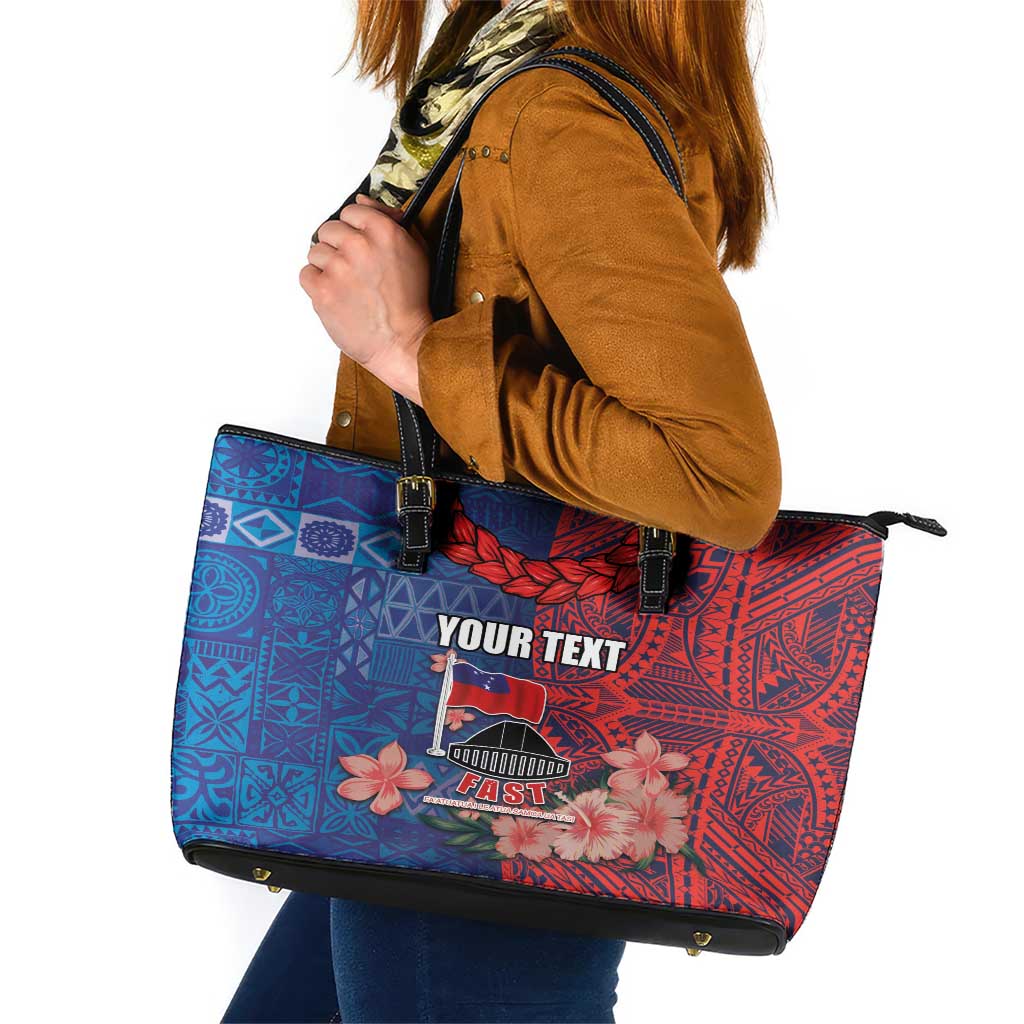 CHOGM FAST Samoa 2024 Leather Tote Bag Samoan Tapa Tribal and Ornament Pattern with Hibiscus LT03 Blue - Polynesian Pride