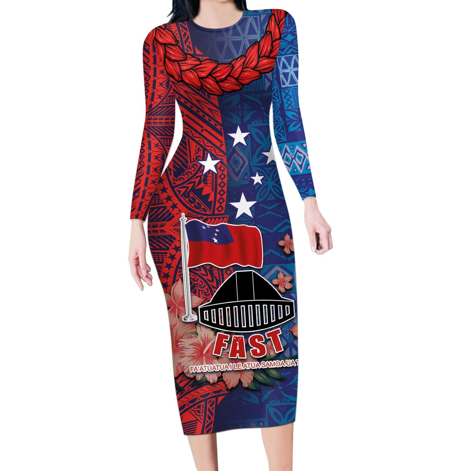 CHOGM FAST Samoa 2024 Long Sleeve Bodycon Dress Samoan Tapa Tribal and Ornament Pattern with Hibiscus