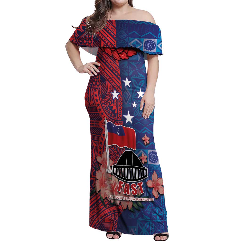 CHOGM FAST Samoa 2024 Off Shoulder Maxi Dress Samoan Tapa Tribal and Ornament Pattern with Hibiscus