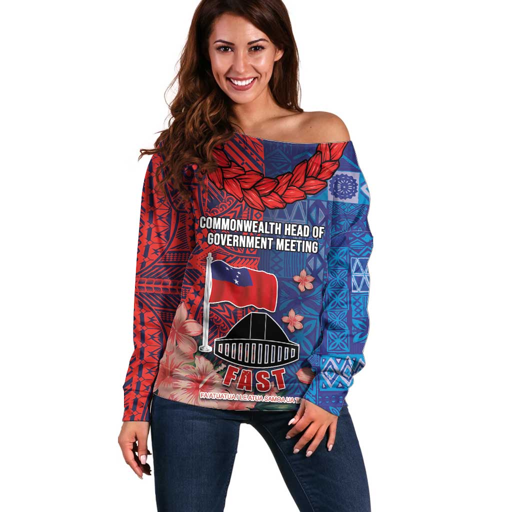 CHOGM FAST Samoa 2024 Off Shoulder Sweater Samoan Tapa Tribal and Ornament Pattern with Hibiscus LT03 Women Blue - Polynesian Pride