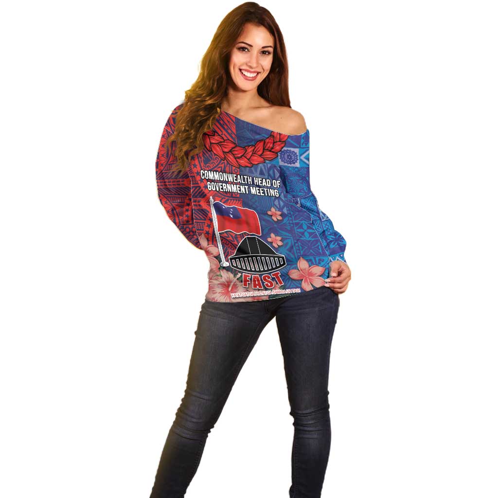CHOGM FAST Samoa 2024 Off Shoulder Sweater Samoan Tapa Tribal and Ornament Pattern with Hibiscus LT03 - Polynesian Pride