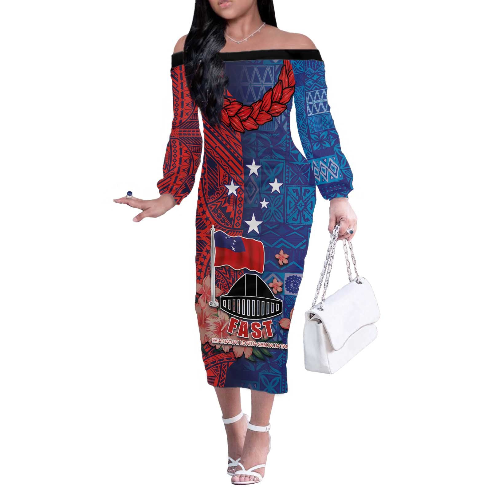 CHOGM FAST Samoa 2024 Off The Shoulder Long Sleeve Dress Samoan Tapa Tribal and Ornament Pattern with Hibiscus LT03 Women Blue - Polynesian Pride