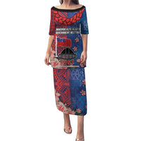 CHOGM FAST Samoa 2024 Puletasi Samoan Tapa Tribal and Ornament Pattern with Hibiscus LT03 Long Dress Blue - Polynesian Pride