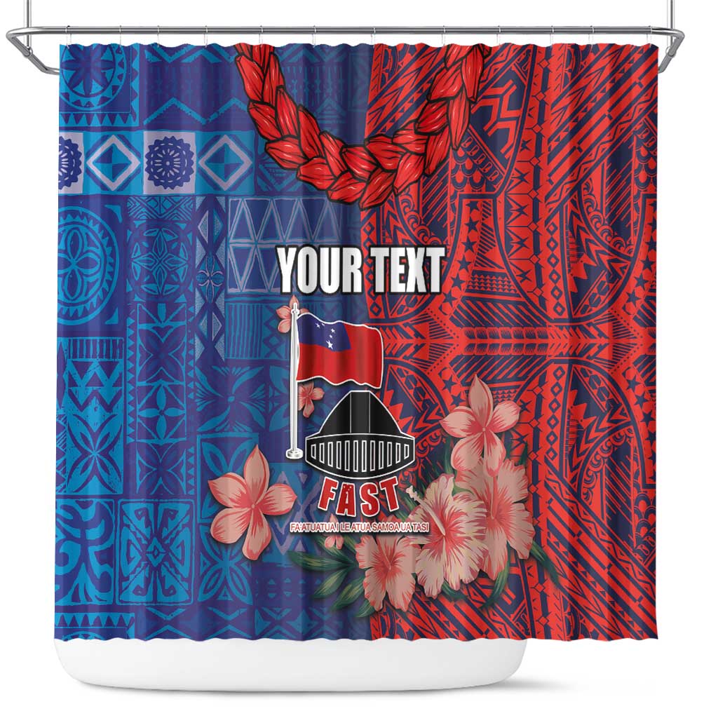 CHOGM FAST Samoa 2024 Shower Curtain Samoan Tapa Tribal and Ornament Pattern with Hibiscus LT03 Blue - Polynesian Pride