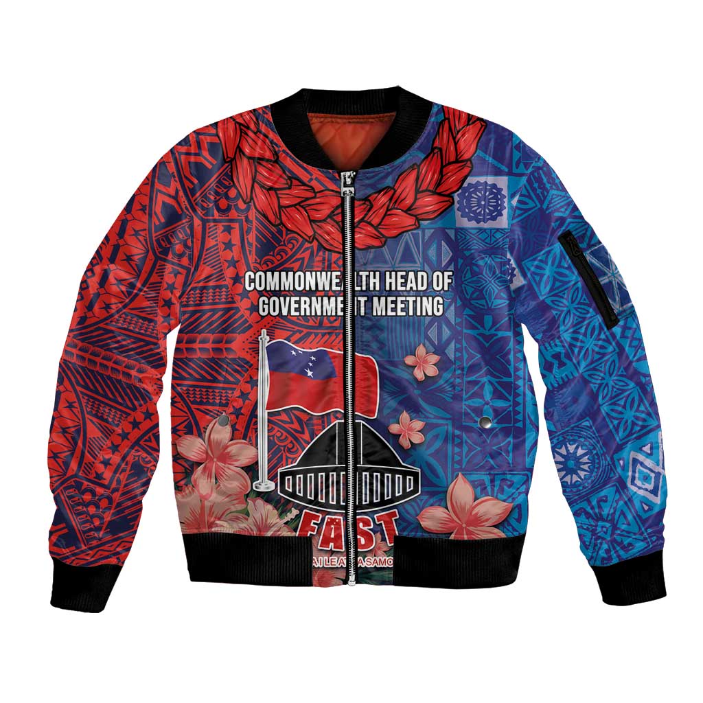 CHOGM FAST Samoa 2024 Sleeve Zip Bomber Jacket Samoan Tapa Tribal and Ornament Pattern with Hibiscus LT03 Unisex Blue - Polynesian Pride