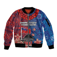 CHOGM FAST Samoa 2024 Sleeve Zip Bomber Jacket Samoan Tapa Tribal and Ornament Pattern with Hibiscus LT03 Unisex Blue - Polynesian Pride