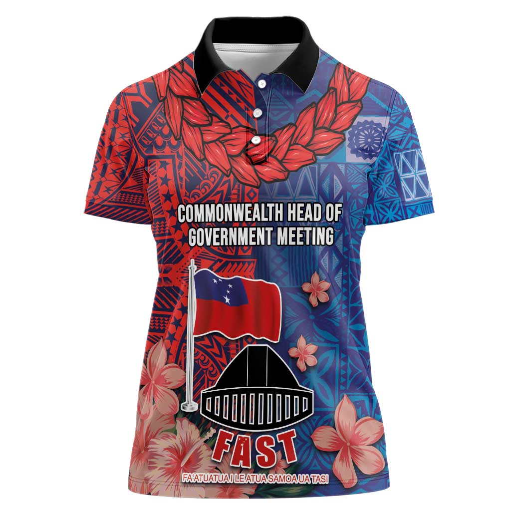 CHOGM FAST Samoa 2024 Women Polo Shirt Samoan Tapa Tribal and Ornament Pattern with Hibiscus LT03 Female Blue - Polynesian Pride