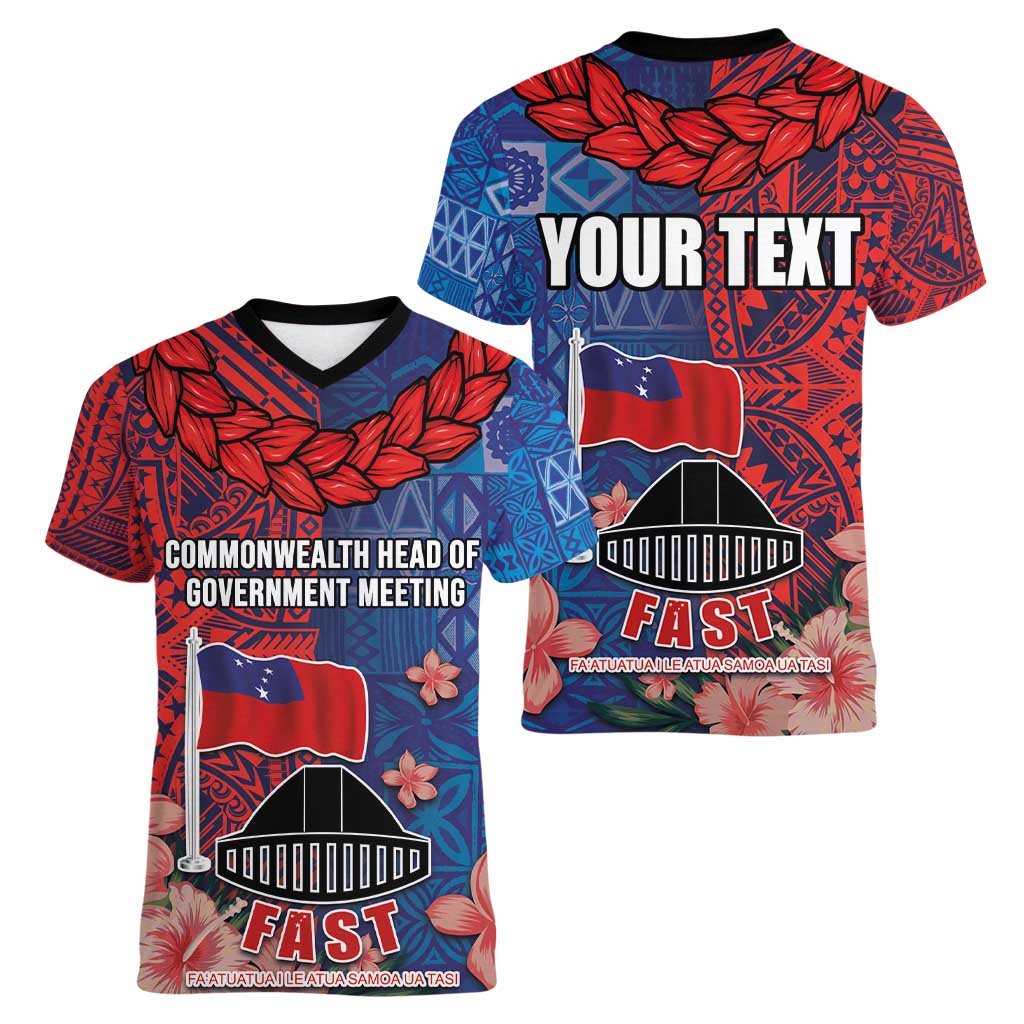 CHOGM FAST Samoa 2024 Women V-Neck T-Shirt Samoan Tapa Tribal and Ornament Pattern with Hibiscus LT03 - Polynesian Pride