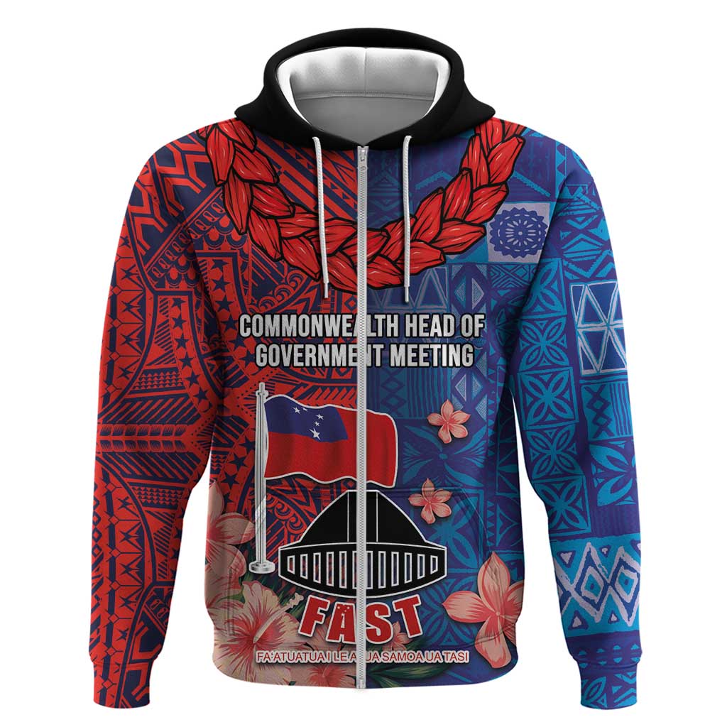 CHOGM FAST Samoa 2024 Zip Hoodie Samoan Tapa Tribal and Ornament Pattern with Hibiscus LT03 Zip Hoodie Blue - Polynesian Pride