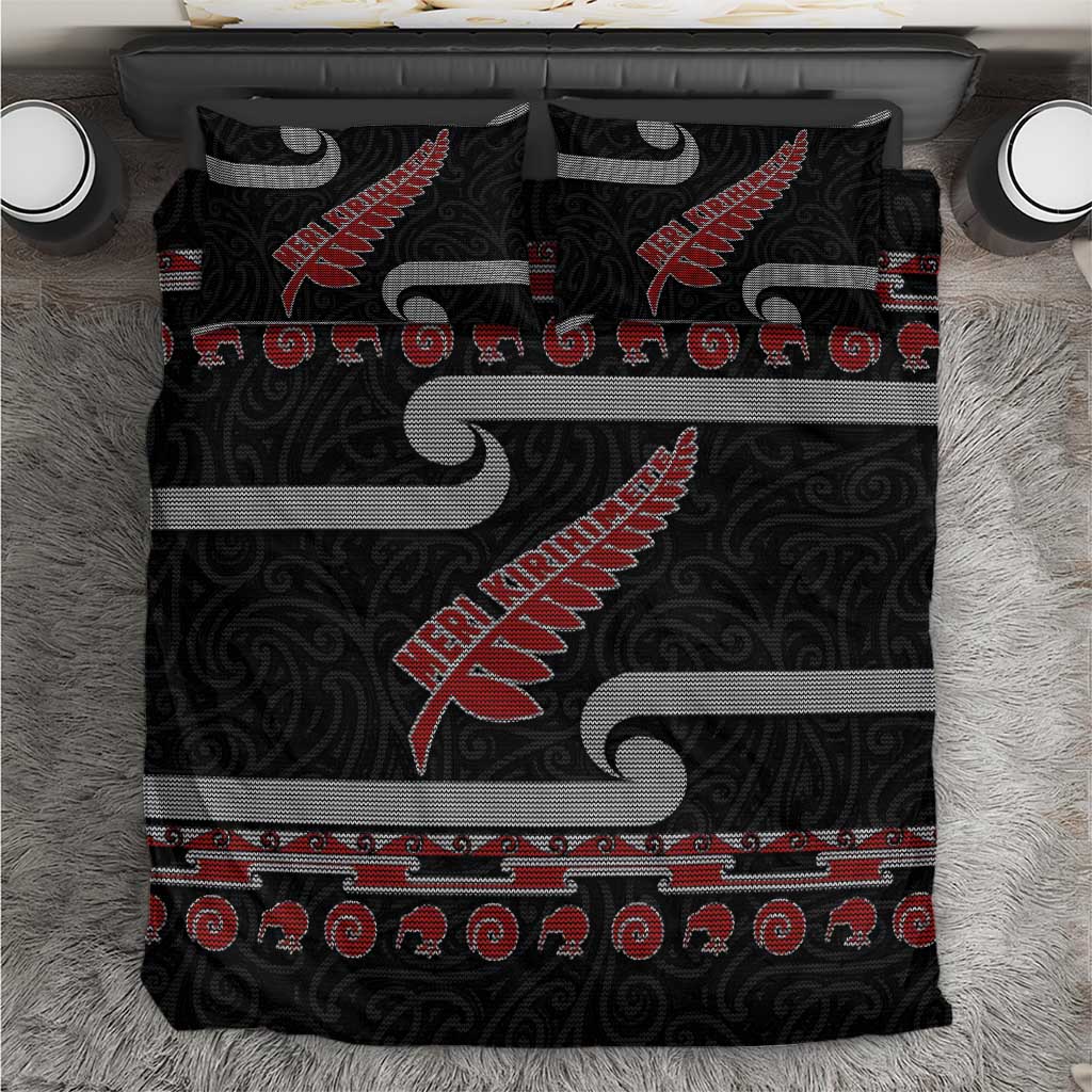 New Zealand Christmas Bedding Set Meri Kirihimete Silver Fern Knit Style Red Color LT03 Red - Polynesian Pride