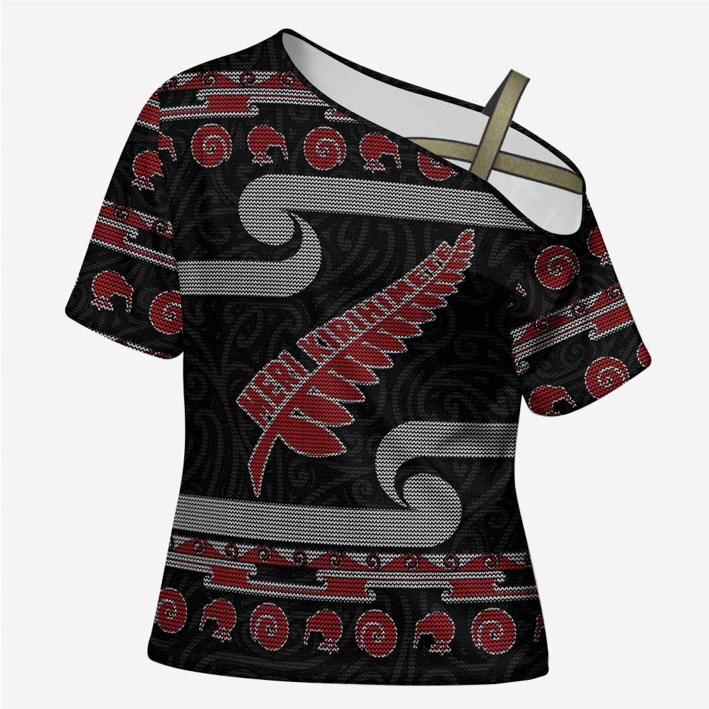 New Zealand Christmas Cross Shoulder Shirt Meri Kirihimete Silver Fern Knit Style Red Color LT03 Female Red - Polynesian Pride