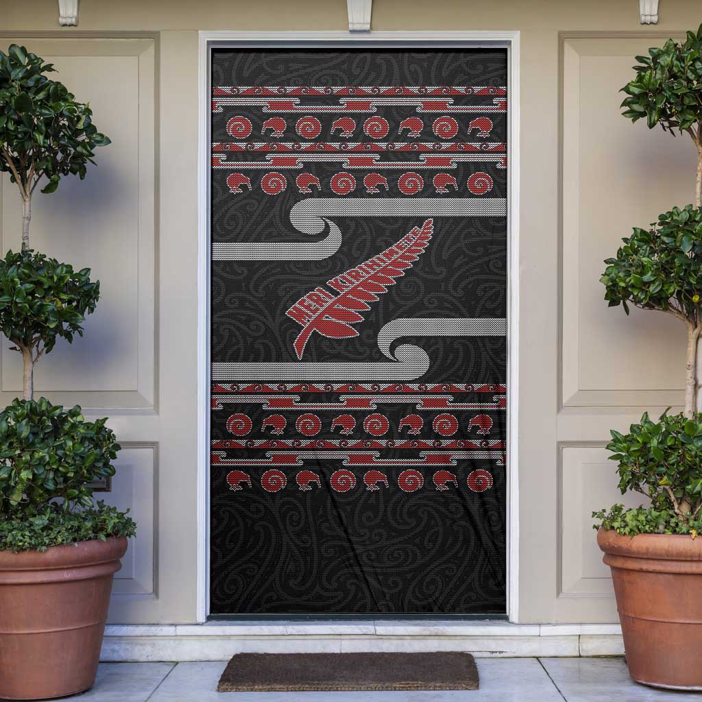 New Zealand Christmas Door Cover Meri Kirihimete Silver Fern Knit Style Red Color LT03 Red - Polynesian Pride