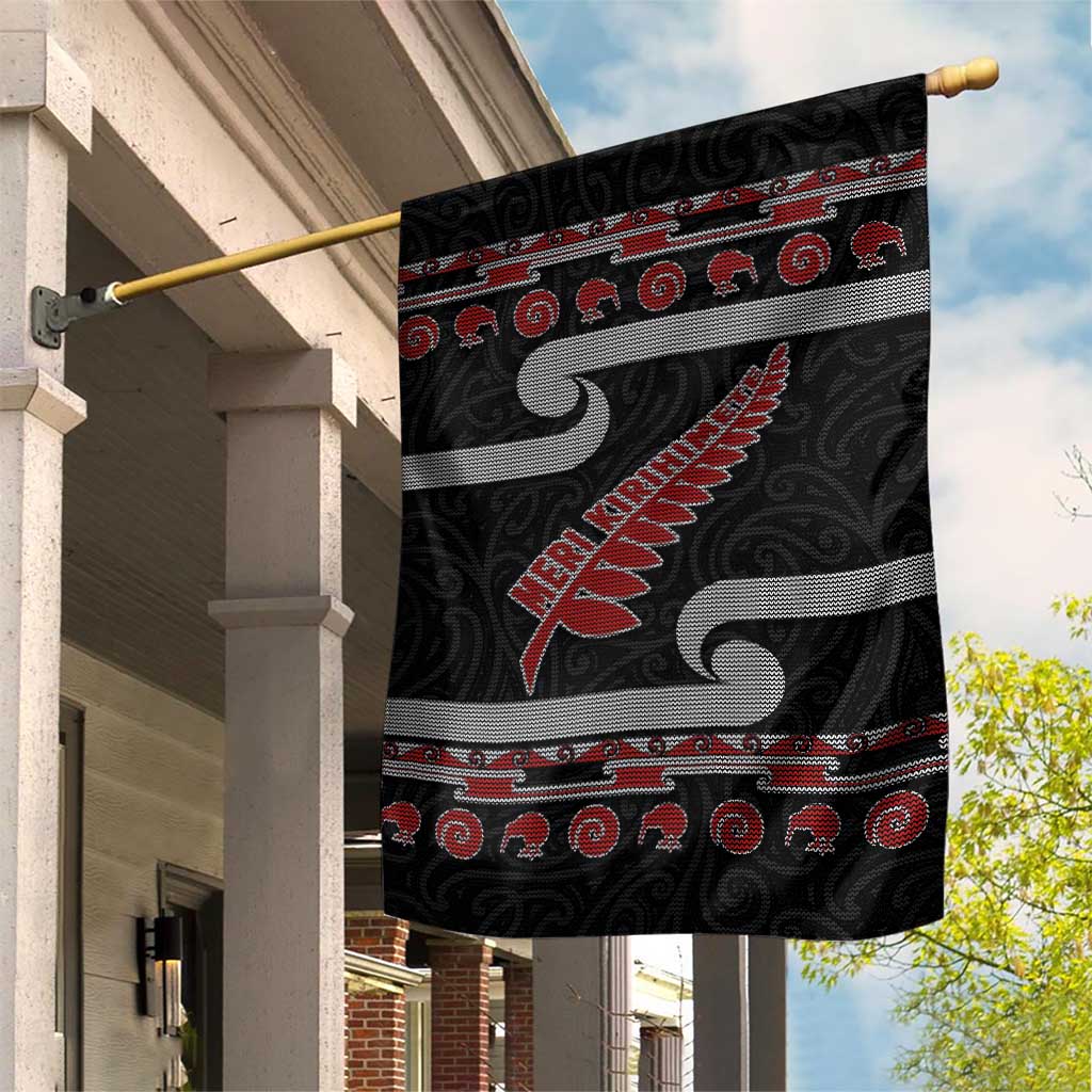 New Zealand Christmas Garden Flag Meri Kirihimete Silver Fern Knit Style Red Color LT03 House Flag Red - Polynesian Pride