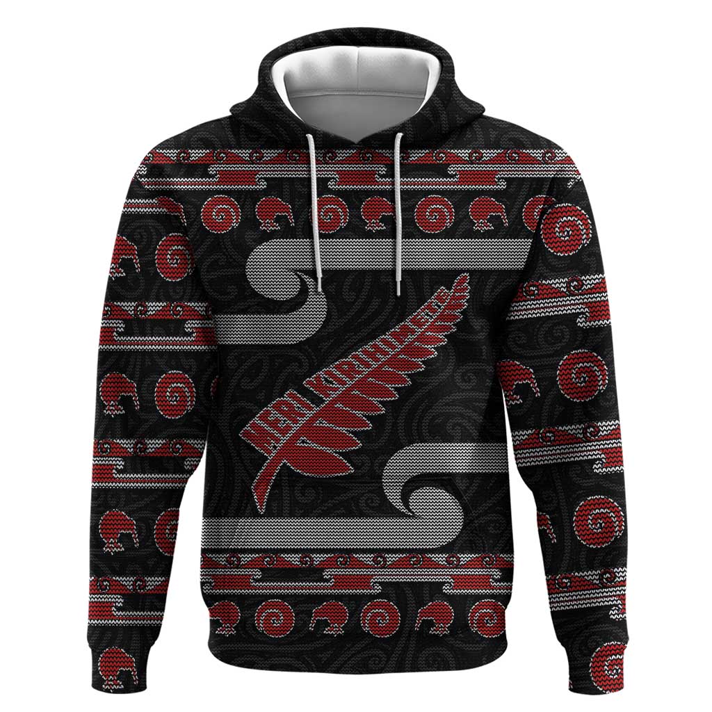 New Zealand Christmas Hoodie Meri Kirihimete Silver Fern Knit Style Red Color LT03 Pullover Hoodie Red - Polynesian Pride