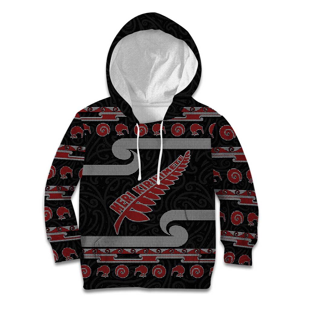 New Zealand Christmas Kid Hoodie Meri Kirihimete Silver Fern Knit Style Red Color LT03 Hoodie Red - Polynesian Pride