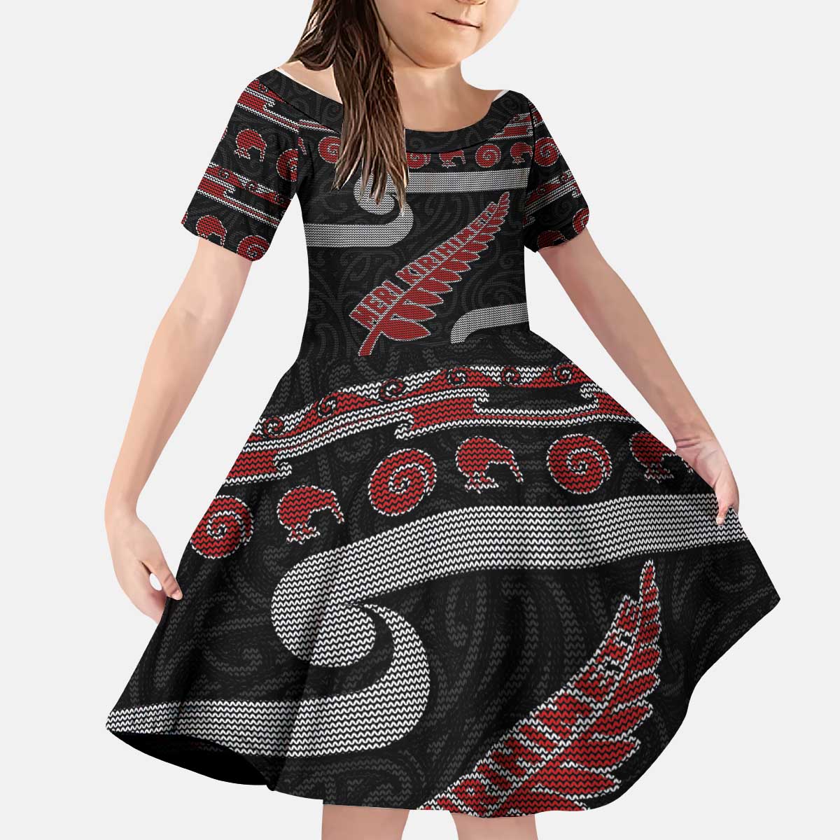 New Zealand Christmas Kid Short Sleeve Dress Meri Kirihimete Silver Fern Knit Style Red Color LT03 KID Red - Polynesian Pride