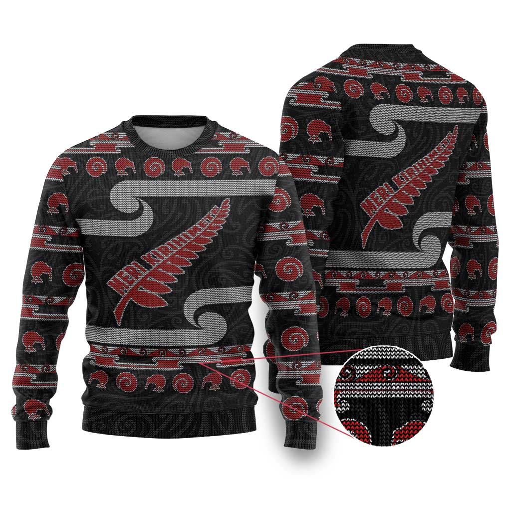New Zealand Christmas Ugly Christmas Sweater Meri Kirihimete Silver Fern Knit Style Red Color LT03 Red - Polynesian Pride
