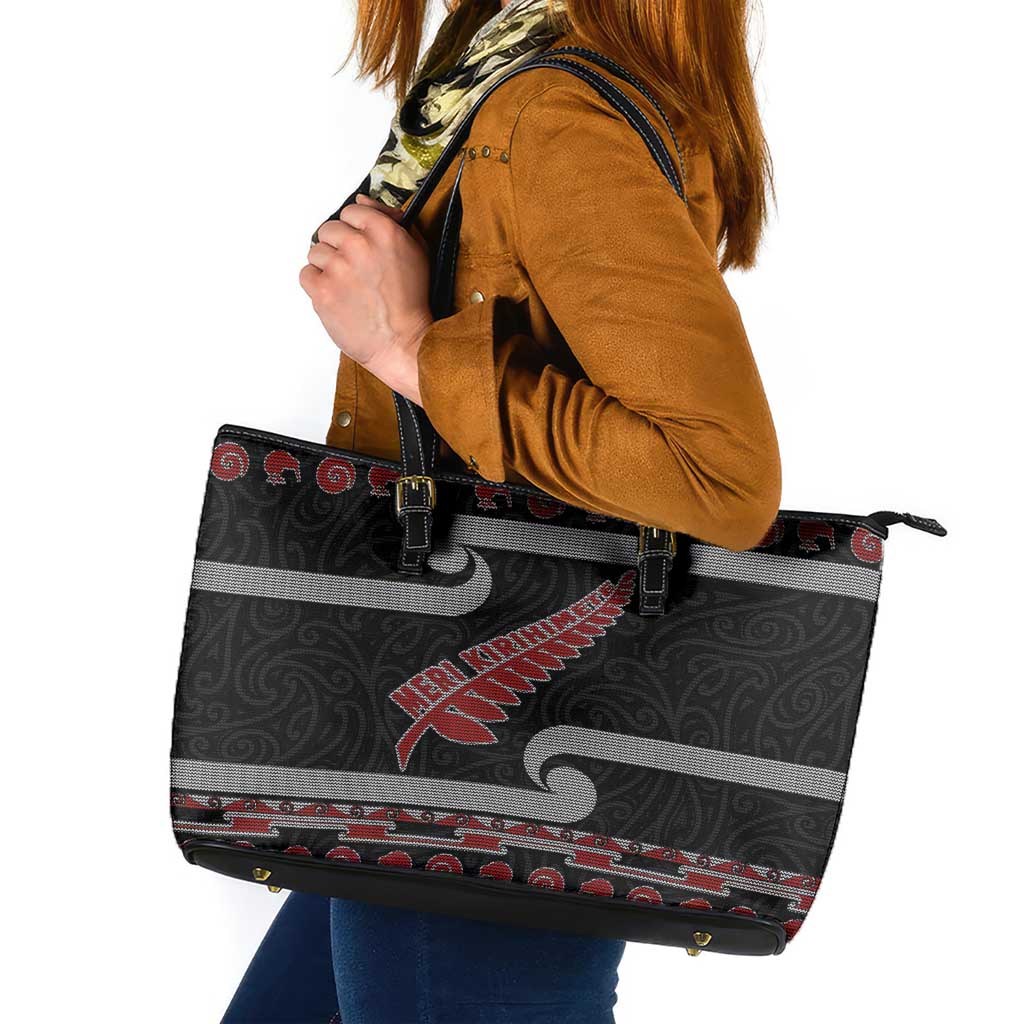 New Zealand Christmas Leather Tote Bag Meri Kirihimete Silver Fern Knit Style Red Color LT03 Red - Polynesian Pride