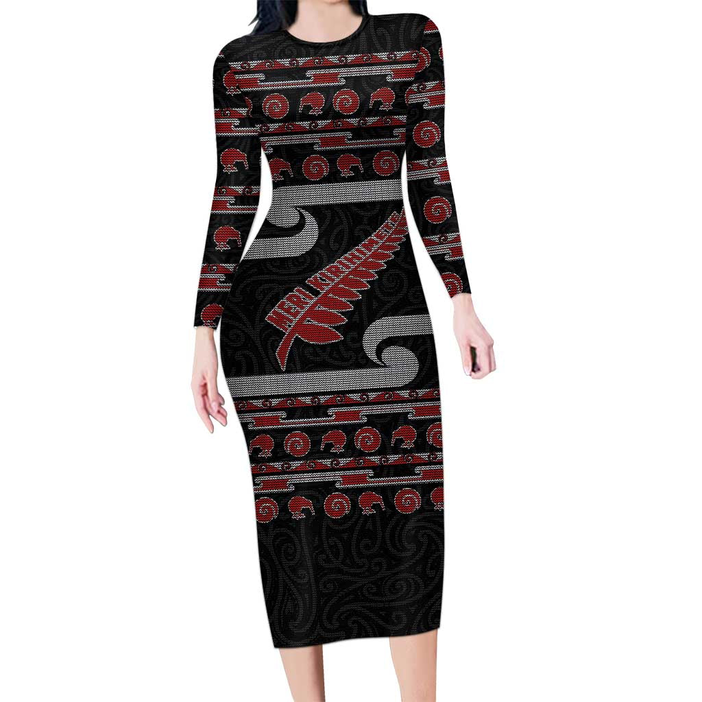 New Zealand Christmas Long Sleeve Bodycon Dress Meri Kirihimete Silver Fern Knit Style Red Color LT03 Long Dress Red - Polynesian Pride