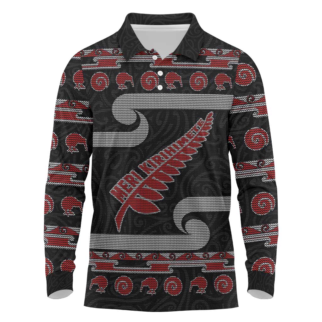 New Zealand Christmas Long Sleeve Polo Shirt Meri Kirihimete Silver Fern Knit Style Red Color LT03 Red - Polynesian Pride