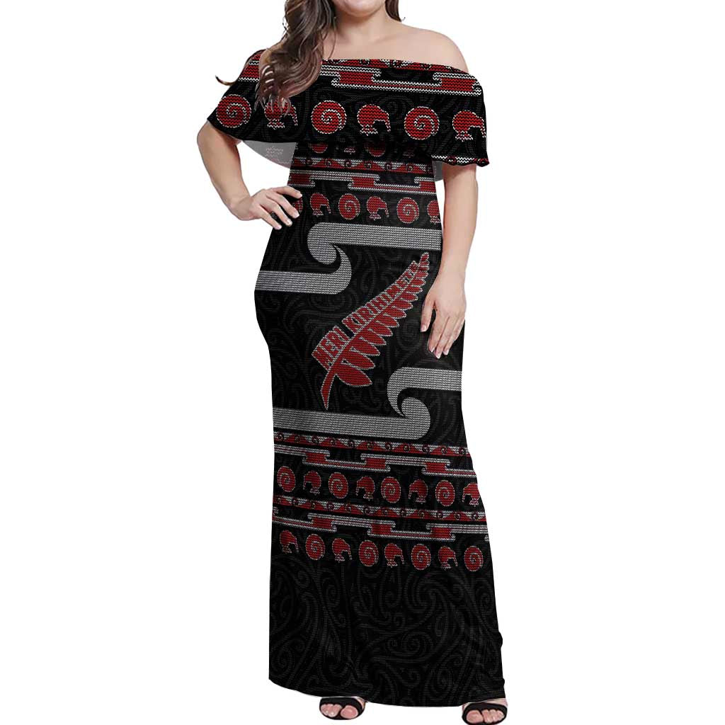 New Zealand Christmas Off Shoulder Maxi Dress Meri Kirihimete Silver Fern Knit Style Red Color LT03 Women Red - Polynesian Pride