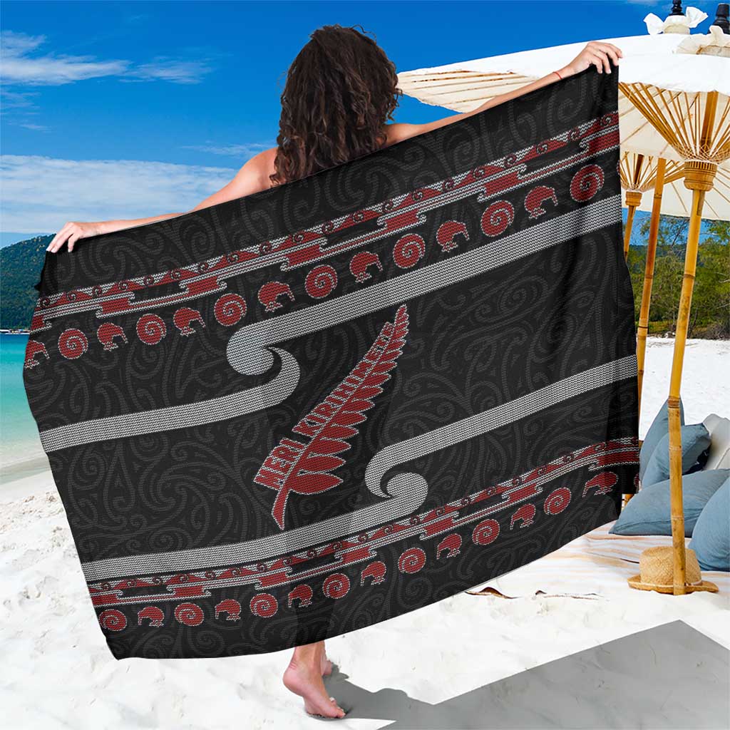 New Zealand Christmas Sarong Meri Kirihimete Silver Fern Knit Style Red Color LT03 One Size 44 x 66 inches Red - Polynesian Pride