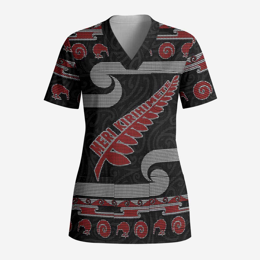 New Zealand Christmas Scrub Top Meri Kirihimete Silver Fern Knit Style Red Color LT03 Adult Red - Polynesian Pride