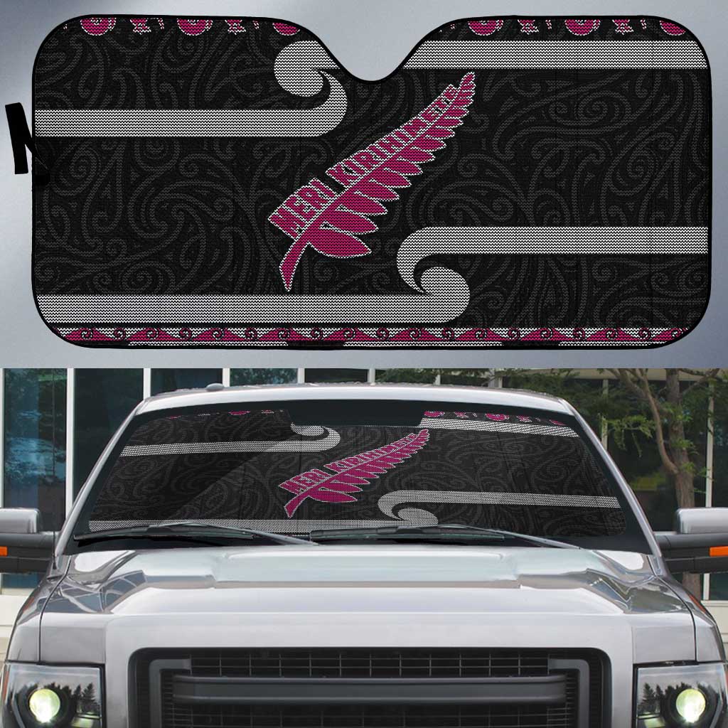 New Zealand Christmas Auto Sun Shade Meri Kirihimete Silver Fern Knit Style Pink Color LT03 Pink - Polynesian Pride