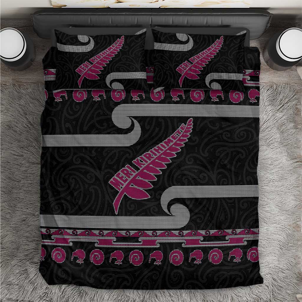 New Zealand Christmas Bedding Set Meri Kirihimete Silver Fern Knit Style Pink Color LT03 Pink - Polynesian Pride